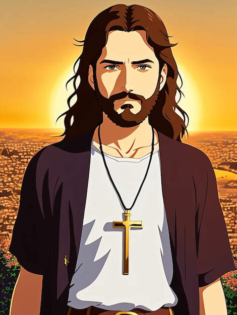 Una caricatura de Jesús con una cruz en el cuello.