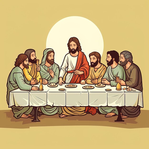 Foto una caricatura de jesús está en una mesa con un plato de comida