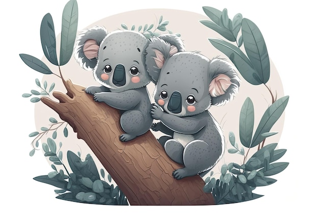 Una caricatura de koalas en la rama de un árbol