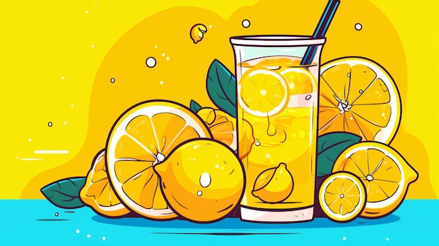 una caricatura de limones y naranjas con una paja