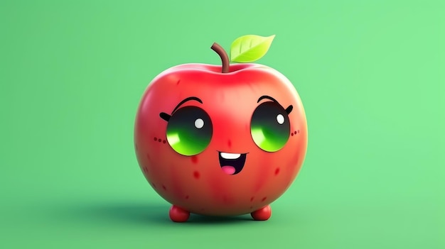 Una caricatura de manzana con ojos verdes y una hoja verde en la cabeza.