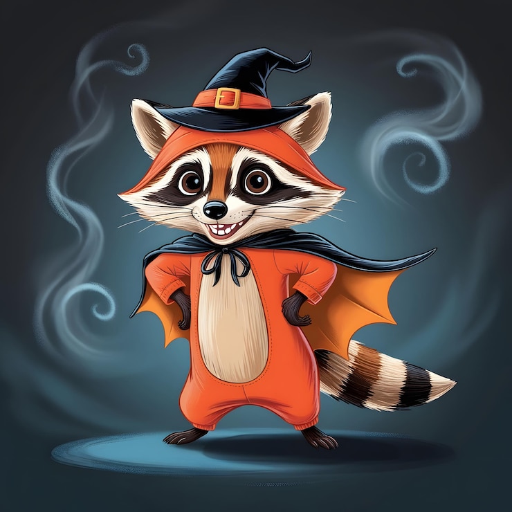 una caricatura de un mapaches vestido como una bruja