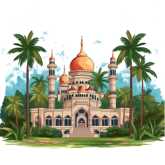 Una caricatura de una mezquita con palmeras al fondo.