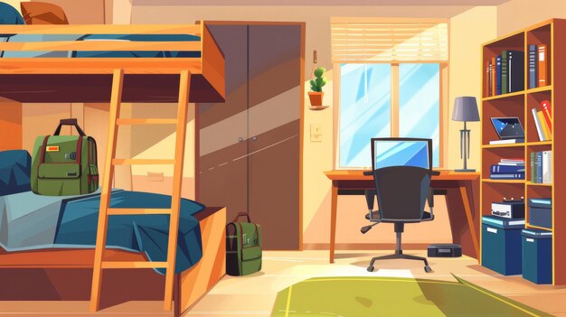 Caricatura moderna de dormitorio vacío dormitorio o apartamento de albergue con muebles de madera y mochila Interior moderno de caricatura de dormitorio vacio dormitorio o alojamiento con cama de colchón computadora