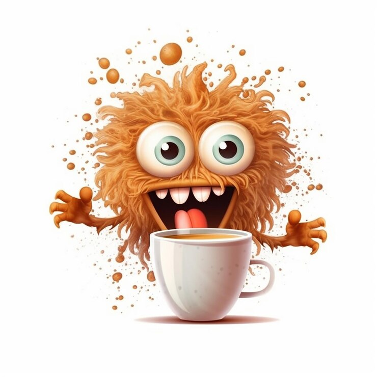 Una caricatura de un monstruo borroso bebiendo una taza de café con una taza de café con leche.
