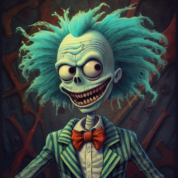 Una caricatura de un monstruo espeluznante con cabello verde y una gran sonrisa