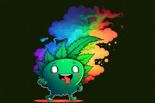 Una caricatura de un monstruo de hoja verde con un arco iris en la parte inferior.