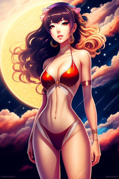 Una caricatura de una mujer en bikini con la luna de fondo.