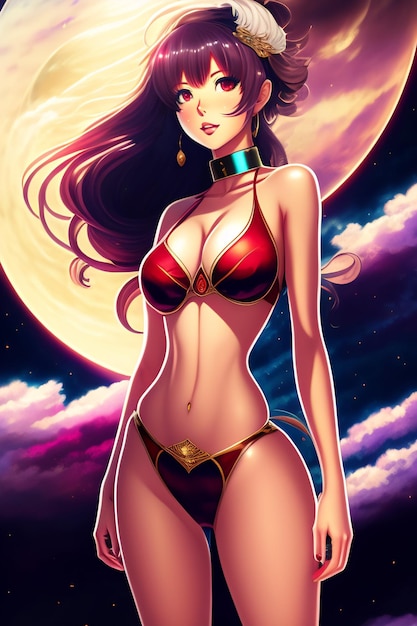 Una caricatura de una mujer en bikini con la luna de fondo.