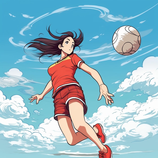 Caricatura de una mujer con una camisa roja y pantalones cortos pateando una pelota de fútbol