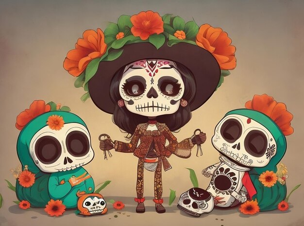 una caricatura de una mujer y dos calaveras con un sombrero