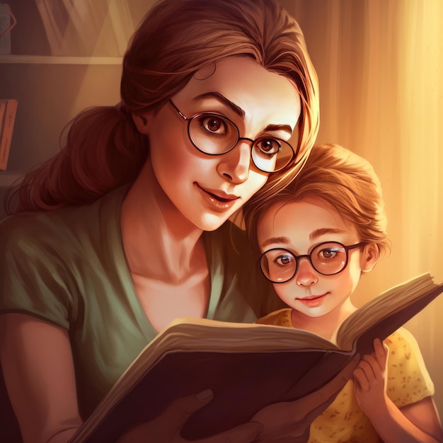 Una caricatura de una mujer y un niño leyendo un libro.