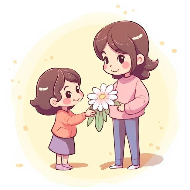una caricatura de una mujer y un niño sosteniendo una flor