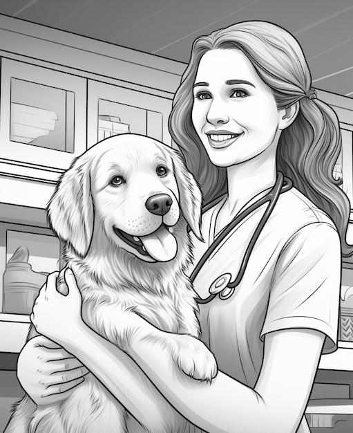 caricatura de una mujer en la oficina de un veterinario sosteniendo un perro ai generativo