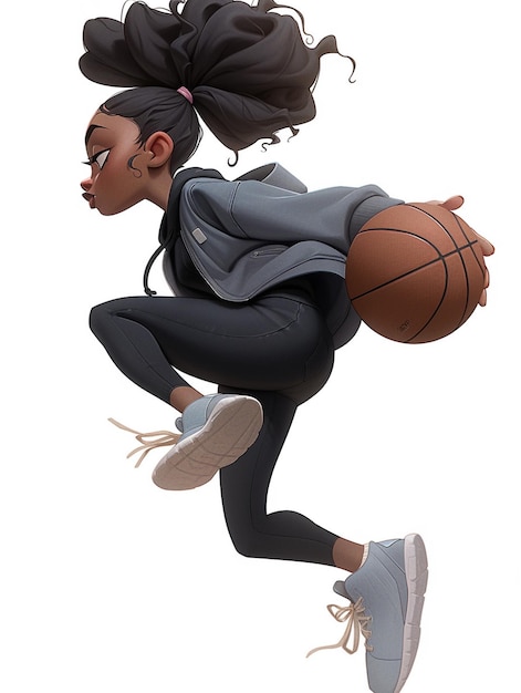 Foto una caricatura de una mujer con una pelota de baloncesto y una chaqueta gris.