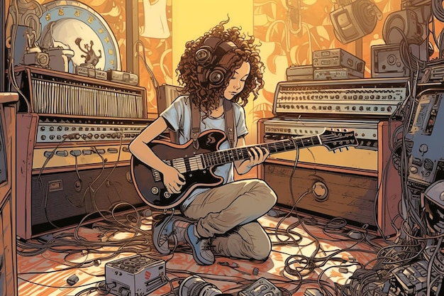 Una caricatura de una mujer tocando una guitarra frente a un conjunto de altavoces