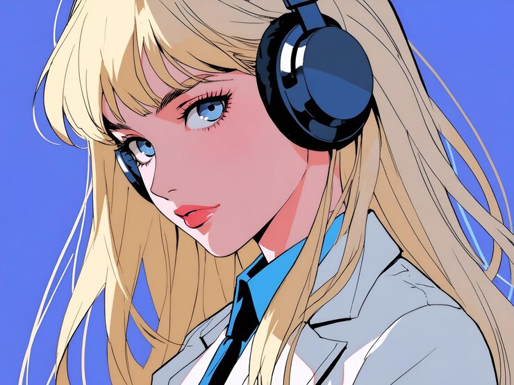 una caricatura de una mujer con un traje y auriculares