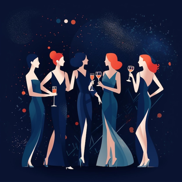 Una caricatura de mujeres en una fiesta con el pelo rojo y un fondo azul con estrellas.