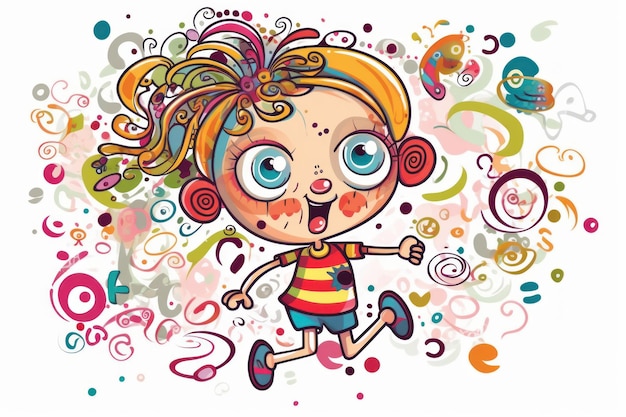 Una caricatura de una niña corriendo con coloridos remolinos.