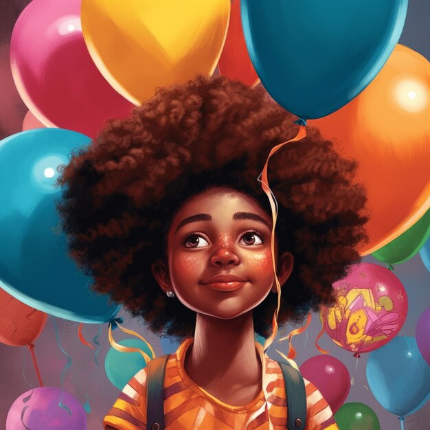 Una caricatura de una niña con un montón de globos en el fondo.