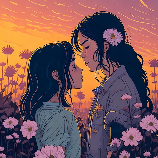 Una caricatura de una niña y una mujer en un campo de flores.