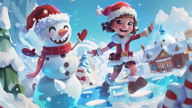 Caricatura con una niña y un muñeco de nieve aterrizando en Navidad