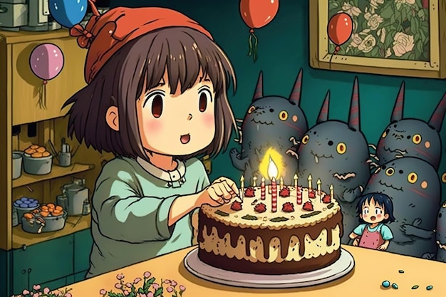 Una caricatura de una niña con un pastel de cumpleaños con un monstruo azul detrás de ella.