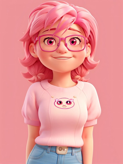 caricatura, niña, con, pelo rosa, y, anteojos