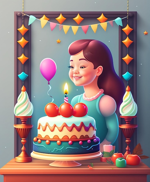 Una caricatura de una niña que sopla una vela en un pastel de cumpleaños.