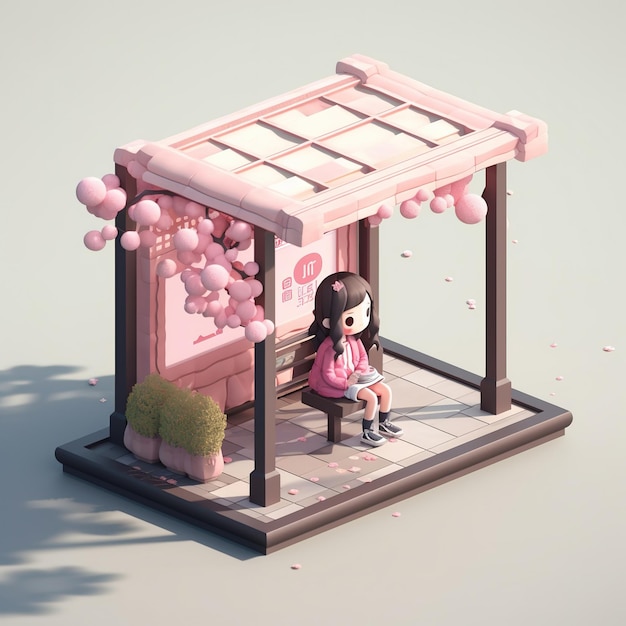 Una caricatura de una niña sentada en un mirador rosa.