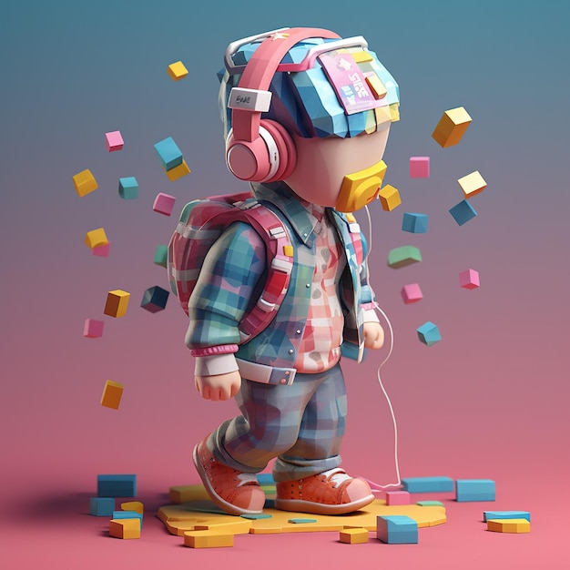 Una caricatura de un niño con auriculares y una camisa a cuadros rosa y azul.