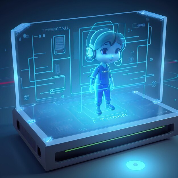 una caricatura de un niño con auriculares y un videojuego en la pantalla