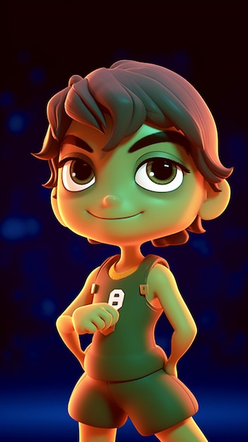 Una caricatura de un niño con una camisa verde con el número 8.