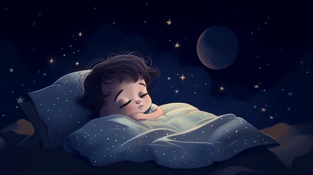 Una caricatura de un niño durmiendo en una cama con la luna detrás de él.