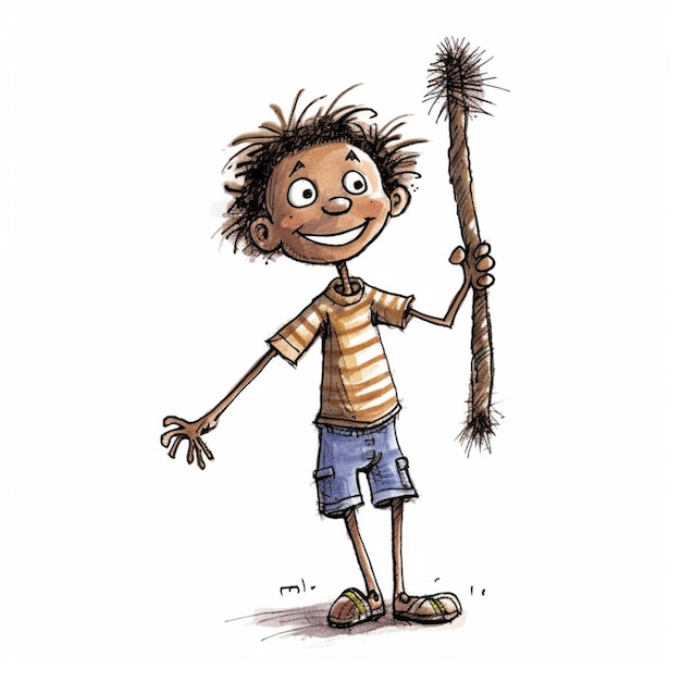 Caricatura de un niño con una escoba y un palo generativo ai