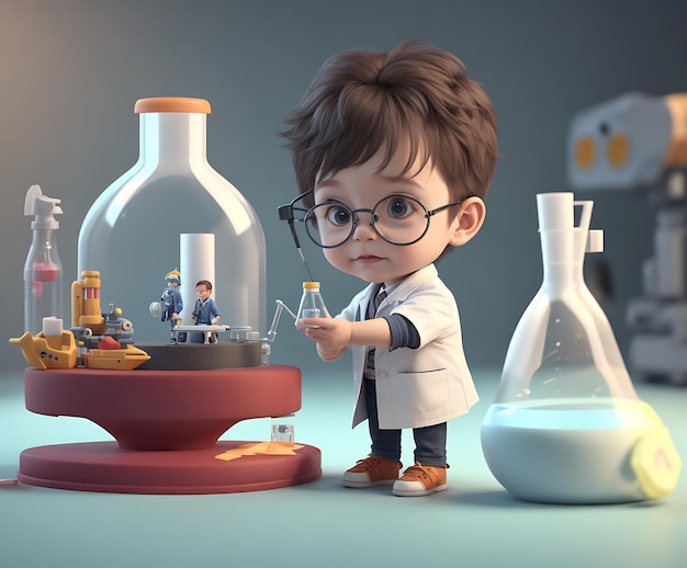 una caricatura de un niño con gafas y una bata de laboratorio con una botella de líquido delante de él.