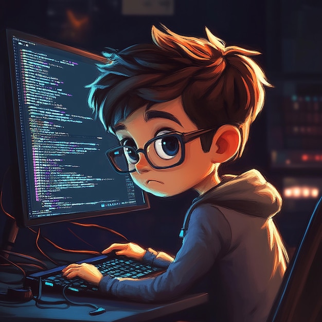 una caricatura de un niño con gafas en una computadora con el código de la palabra en la pantalla
