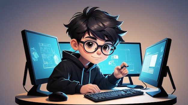 una caricatura de un niño con gafas en una computadora portátil