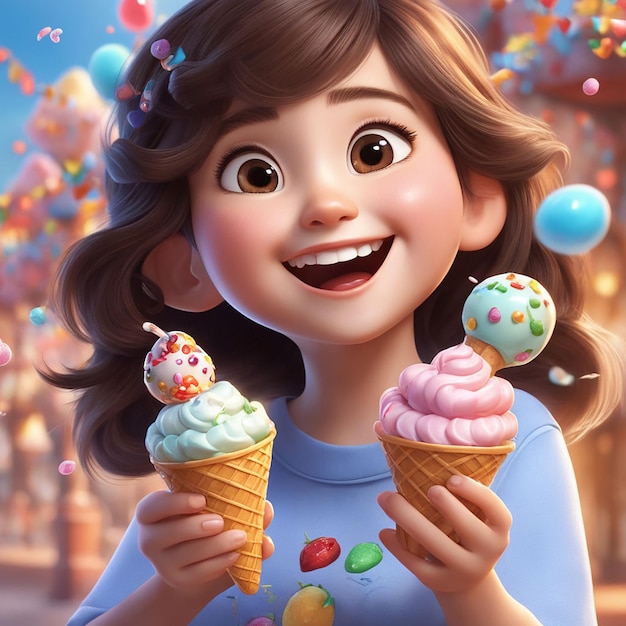 Caricatura de un niño con helado sosteniendo helado refrescante en cono de waffle fondo blanco personaje 3d