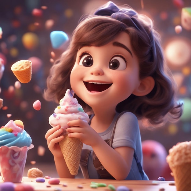 Caricatura de un niño con helado sosteniendo helado refrescante en cono de waffle fondo blanco personaje 3d