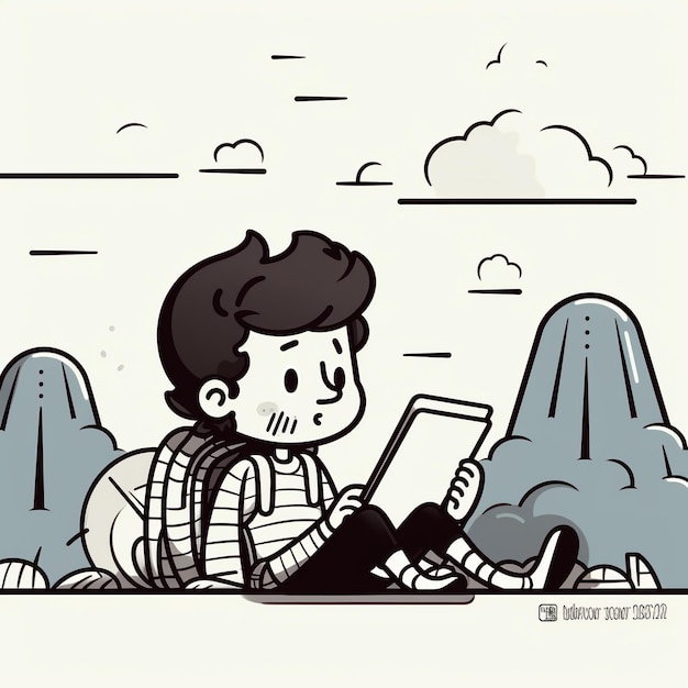 una caricatura de un niño leyendo un libro frente a una montaña