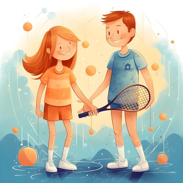 Una caricatura de un niño y una niña sosteniendo raquetas de tenis.