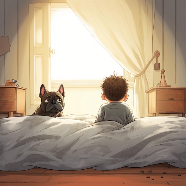 una caricatura de un niño y un perro en una cama con un perro mirando por la ventana.