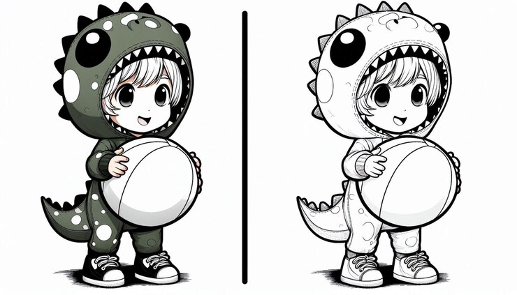 una caricatura de un niño con ropa de dinosaurio con fútbol
