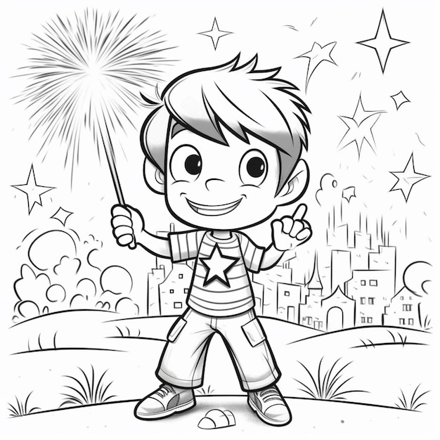 Una caricatura de un niño sosteniendo una bengala frente a un paisaje urbano.