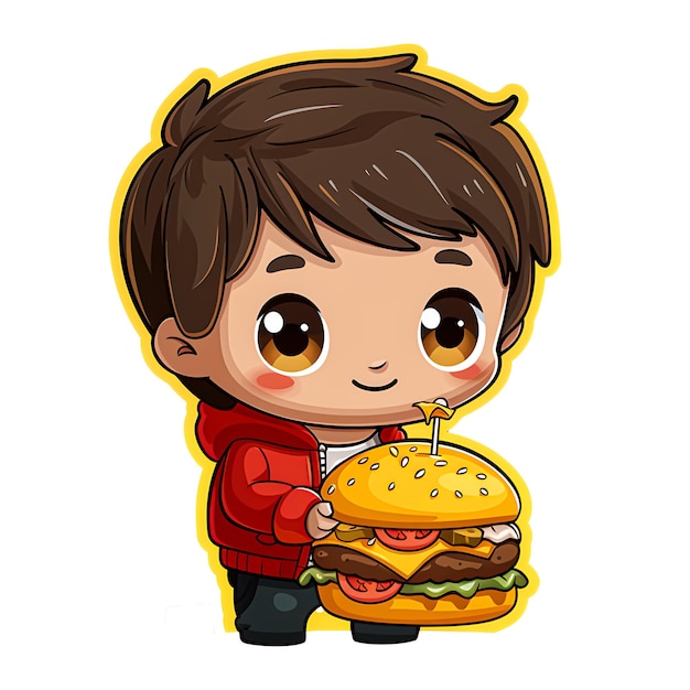 Foto una caricatura de un niño sosteniendo una hamburguesa con una imagen de una persona sosteniendo un hamburguesa
