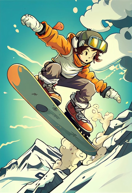 Una caricatura de un niño en una tabla de snowboard que dice "snowboarding".