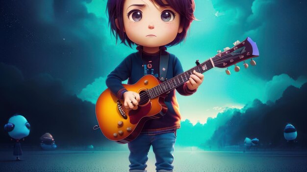 Una caricatura de un niño tocando una guitarra.