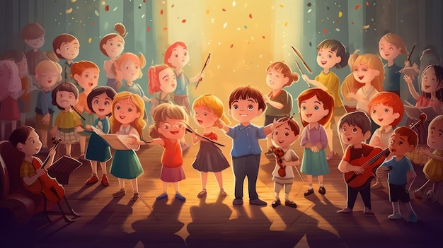 Una caricatura de niños cantando y cantando.