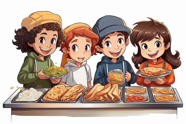 una caricatura de niños con comida en un mostrador con uno de ellos sosteniendo una bandeja de comida